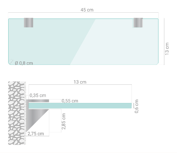 Mensola in vetro da parete 45x13 cm