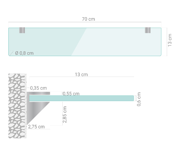 Mensola fluttuante in vetro 70x13 cm