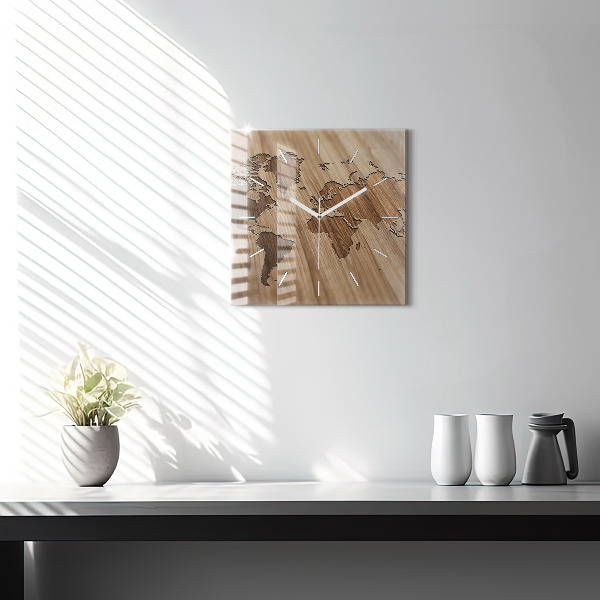 Orologio quadrato Mappa del mondo su legno