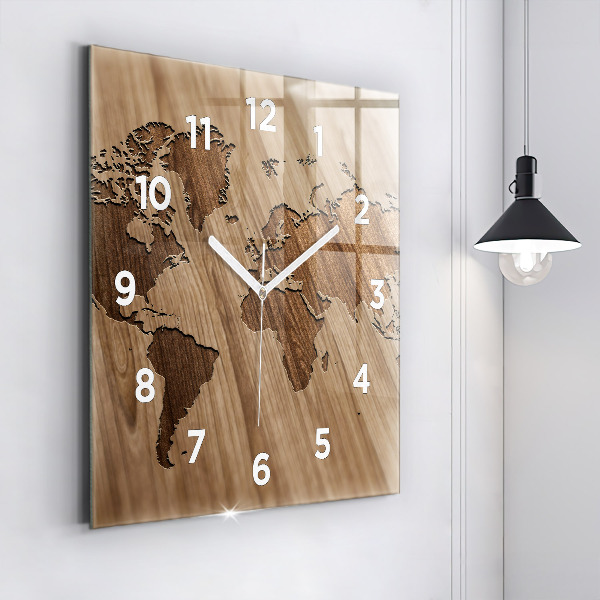 Orologio quadrato Mappa del mondo su legno