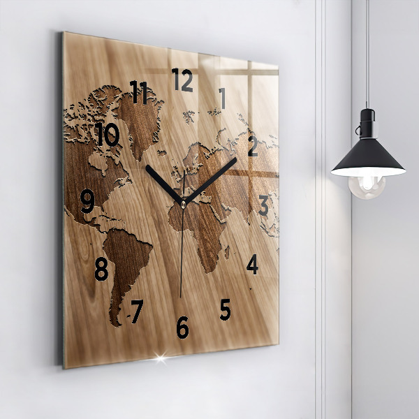 Orologio quadrato Mappa del mondo su legno