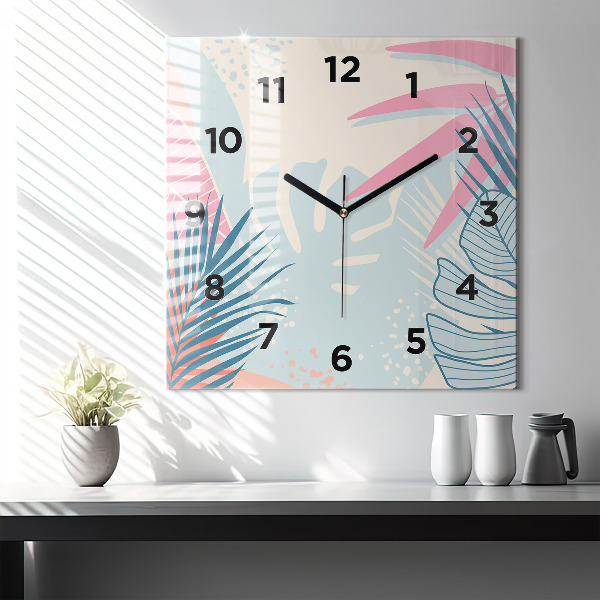 Orologio quadrato in vetro Foglie pastello – Tropici