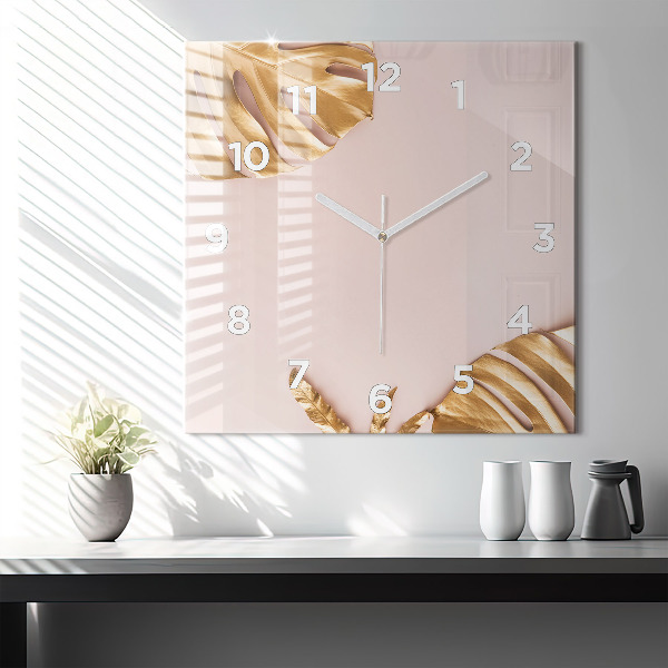 Orologio quadrato in vetro Foglie tropicali dorate