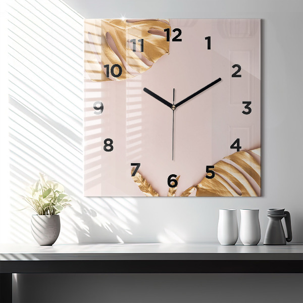 Orologio quadrato in vetro Foglie tropicali dorate