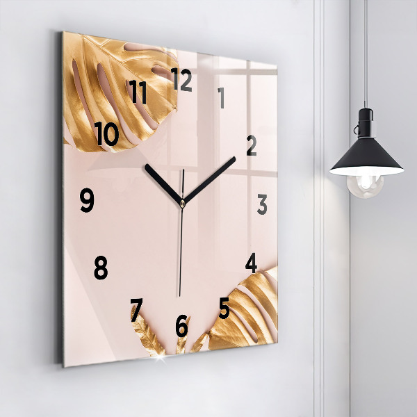 Orologio quadrato in vetro Foglie tropicali dorate