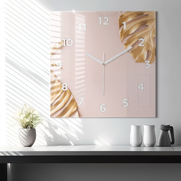 Orologio quadrato in vetro Foglie tropicali dorate