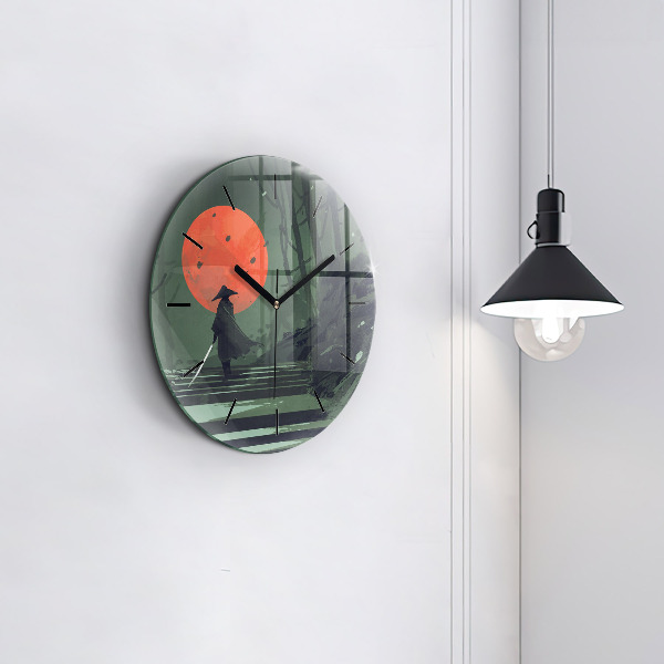 Orologio rotondo in vetro Samurai nella foresta