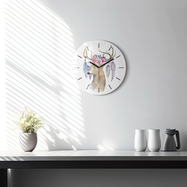 Orologio rotondo in vetro Testa di cervo e fiori