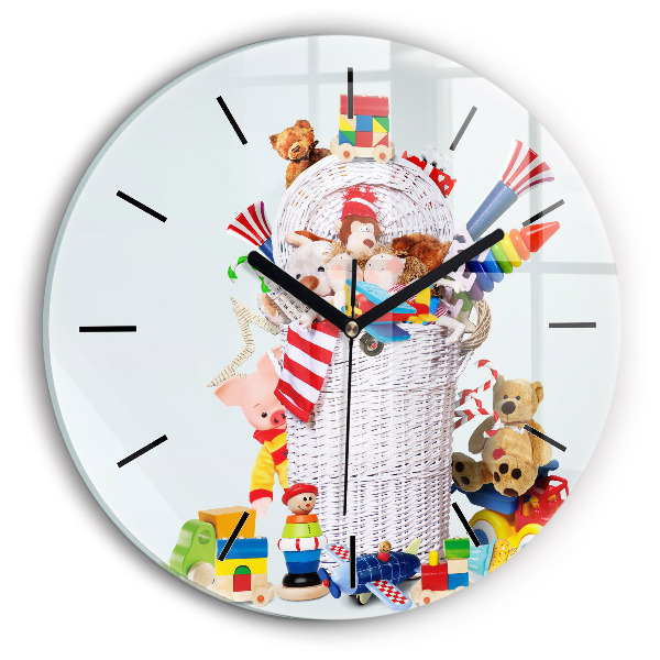 Orologio rotondo in vetro Cesto di vimini con giocattoli