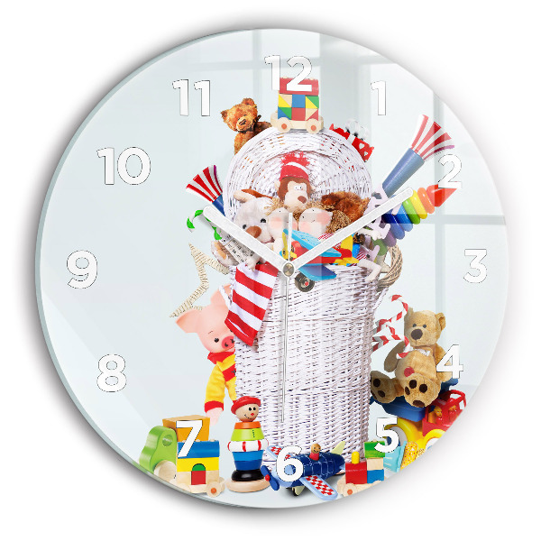 Orologio rotondo in vetro Cesto di vimini con giocattoli