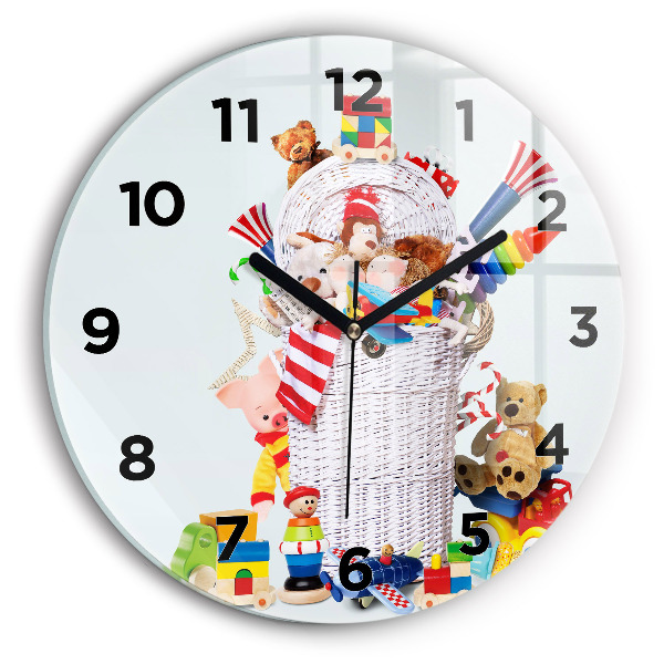 Orologio rotondo in vetro Cesto di vimini con giocattoli