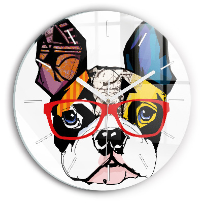 Orologio rotondo in vetro Bulldog francese con gli occhiali