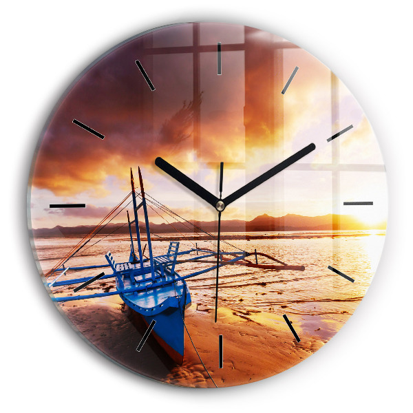 Orologio rotondo in vetro Barca e tramonto