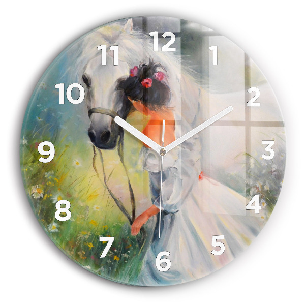 Orologio rotondo in vetro Bella donna con un cavallo