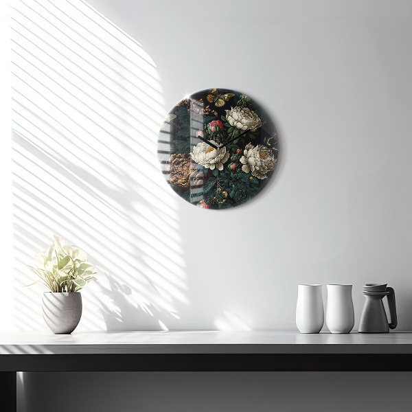 Orologio rotondo in vetro Fiori e farfalle dorate