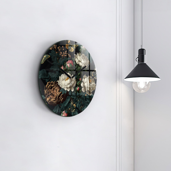 Orologio rotondo in vetro Fiori e farfalle dorate