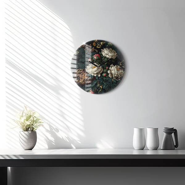 Orologio rotondo in vetro Fiori e farfalle dorate