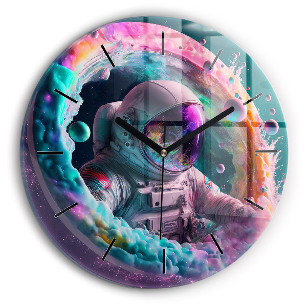 Orologio rotondo in vetro Cosmonauta e nuvole colorate