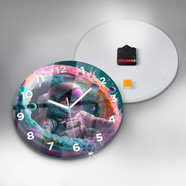 Orologio rotondo in vetro Cosmonauta e nuvole colorate