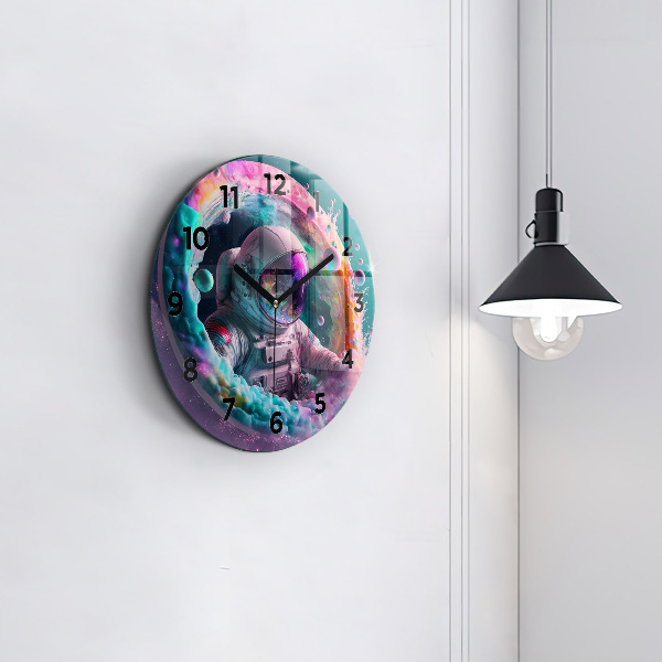 Orologio rotondo in vetro Cosmonauta e nuvole colorate