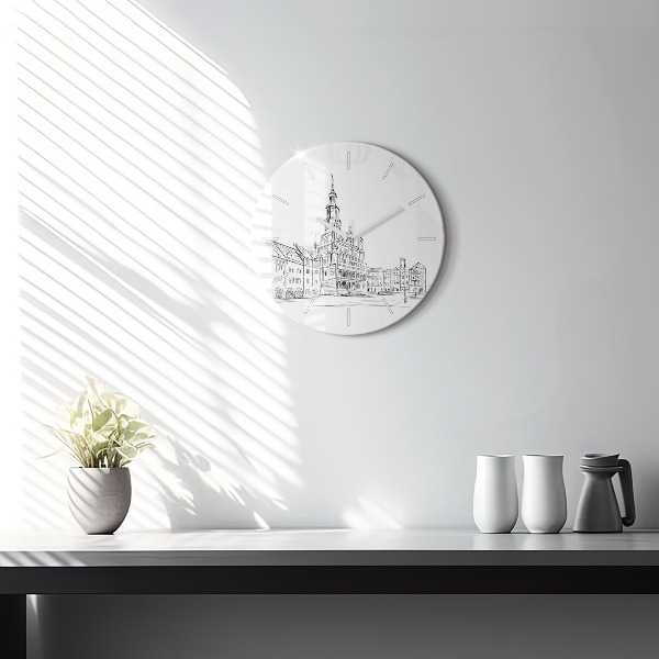 Orologio rotondo in vetro Schizzo della città vecchia di Poznań