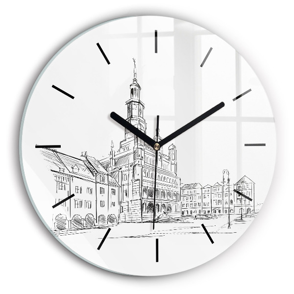 Orologio rotondo in vetro Schizzo della città vecchia di Poznań