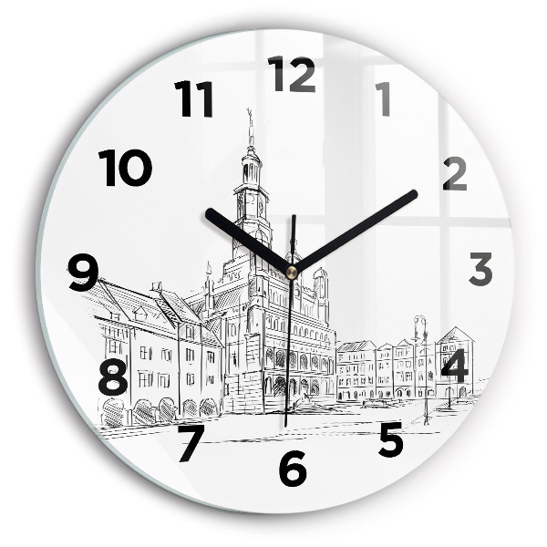 Orologio rotondo in vetro Schizzo della città vecchia di Poznań