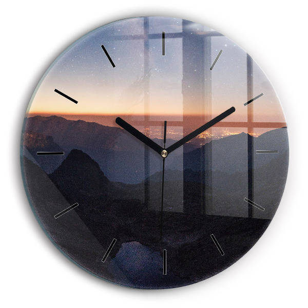 Orologio rotondo in vetro Montagne al tramonto