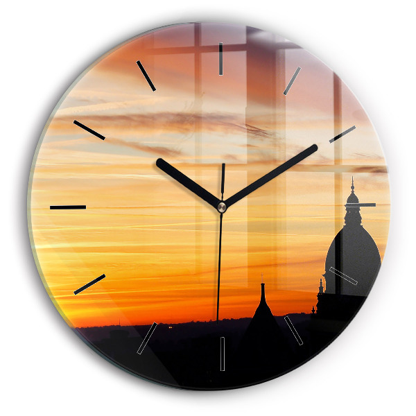 Orologio rotondo in vetro Edificio e tramonto