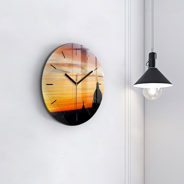 Orologio rotondo in vetro Edificio e tramonto