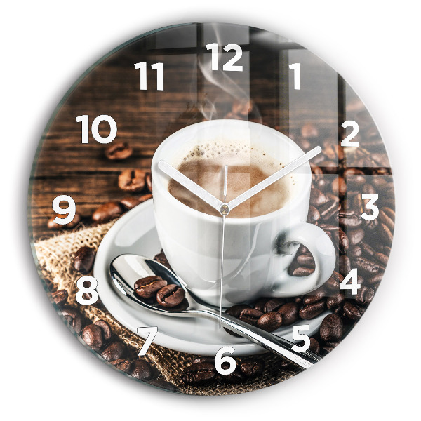 Orologio rotondo in vetro Tazza e chicchi di caffè