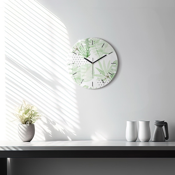 Orologio rotondo in vetro Foglie verdi